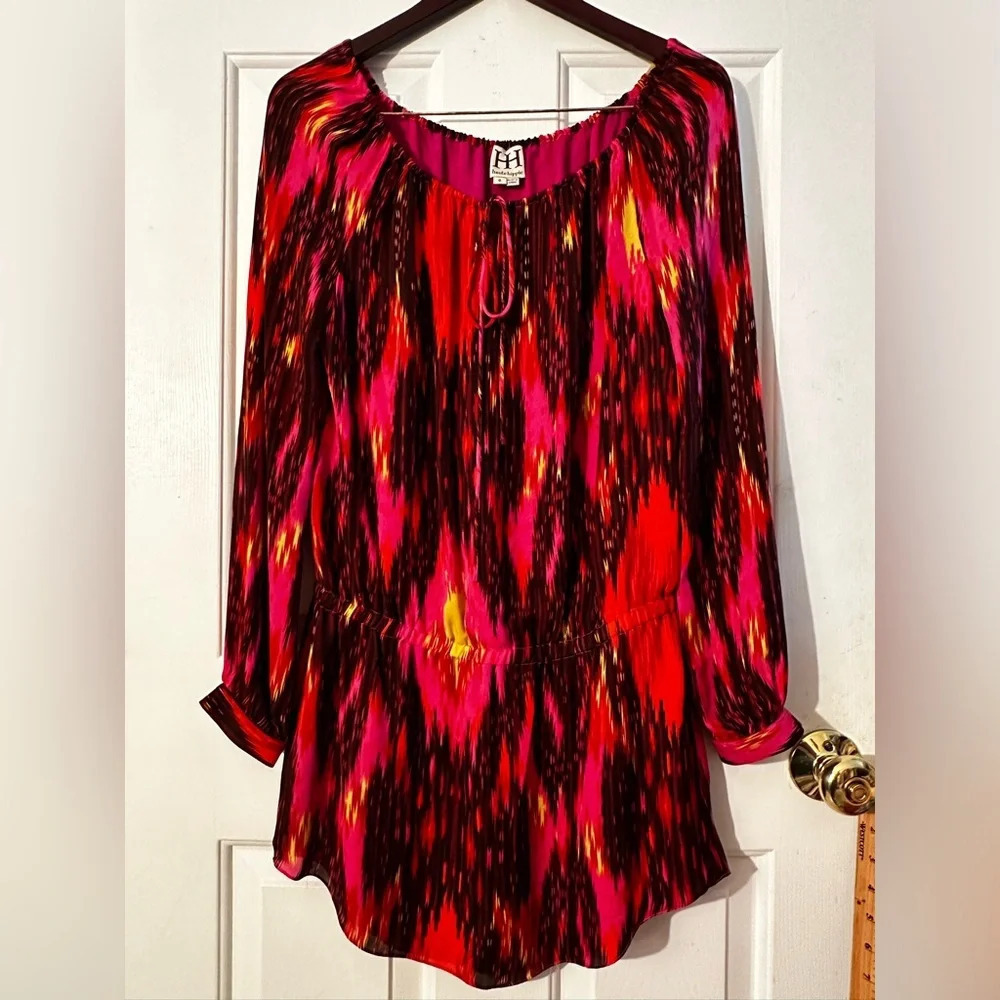 HAUTE HIPPIE HH Silk Haute Hippie Ikat Elevated Basics Red L/Sleeve Tunic Top S - Picture 7 of 16